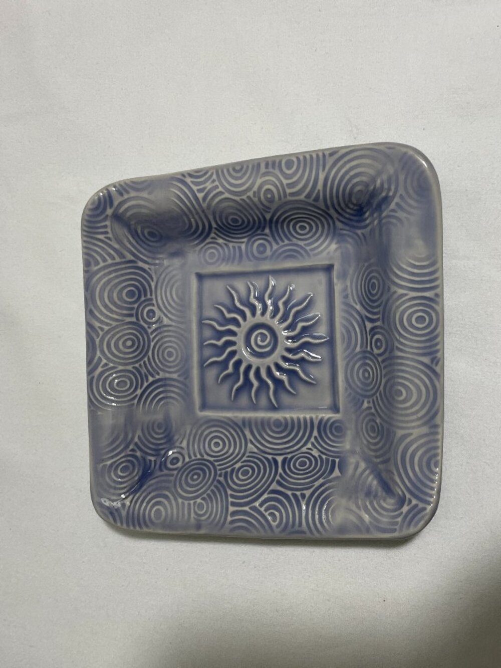 Blue Purple Ceramic Sun Spiral Square Trinket Dish Decorative Pottery 5"